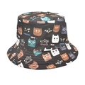 Dettaglio dei motivi gatti e pesci sul cappello a secchiello in tela nera con cuciture - M (56-58cm) / Stampa Gatto e Pesce su Fondo Nero (1#)