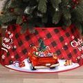 Close-up of red and black plaid Christmas tree skirt with Merry Christmas text on wood floor - Red & Black Plaid Tree Surround (For 1.5-2.1m Tree)
