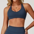 Women's misty blue brushed yoga set with V-neck sports bra and high waist leggings - S / Navy Blue