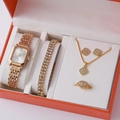 Elegant women's gold jewelry set featuring a square quartz watch and diamond jewelry set - Gold Square Clear Diamond Jewelry Set (A3)