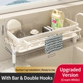 Creamy white kitchen suction rack with towel bar and sponge drainer for sink storage - Upgraded Model (Double Hooks with Bar) / Cream