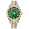 Macro shot of hip-hop watch with green roman dial and full diamond pavé detailing - Two-tone Gold Green Dial