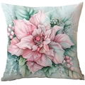 Muntgroene kerstkussensloop met elegant aquarelroze bloemenpatroon en groene bladeren - Aquarel Roze Bloemen