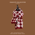 Classic red and white argyle knit scarf with ribbed edges for winter warmth - Thick Argyle Knit Wine Red