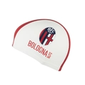 White silicone swim cap featuring Bologna FC 1909 logo with red contrast trim details - BFC Red and White Color Blocking