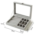 Gray velvet jewelry box with glass lid for rings and earrings 20x15x5cm size view - 9-Grid + Ring Jewelry Box Gray