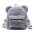 Grey plush backpack with cute bear ears and spacious front pocket for students - Gray