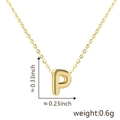 Detail view of gold letter P pendant showing dimensions 0.33 x 0.23 inch and weight 0.6g - Letter P