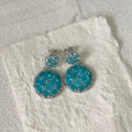 Silver-finish earrings featuring sky blue oval-shaped zircons in a circular cluster - Silver Base Sea Blue Rhinestone