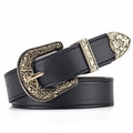 Dettaglio cintura in pelle nera stile Western con fibbia dorata e finiture incise - 105cm / Fibbia Oro Nero
