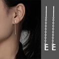 Minimalist S925 sterling silver long tassel ear wire with letter E charm for women - Letter E
