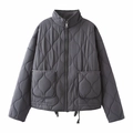 Deep grey stand collar quilted jacket with front zipper and large side pockets - XS / Dark Gray