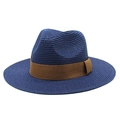 Detailed weave pattern of a navy blue straw panama hat with a brown decorative band - Navy Blue