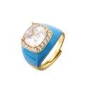 Anello in ottone placcato oro con zircone quadrato e dettagli in smalto blu - Aperto Regolabile / Blu Placcato Oro Pietra Chiara