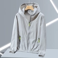 Detail of light gray sun protection jacket with neon green zipper pull and hood - M / Light Gray