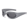 Y2K oval sports sunglasses featuring silver metallic frames and wide temple design - Dark Gray