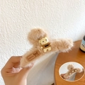 Khaki plush shark hair claw clip with cute 3D teddy bear detail for women - Khaki Plush Bear Decor Hair Claw