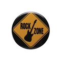 Cartoon tinplate badge featuring a black electric guitar and Rock Zone yellow design - ROCK ZONE Yellow