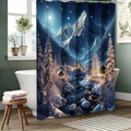 Christmas snow scene landscape shower curtain with winter mountain and cozy cottage print - 90*180cm / Peacock Blue (Snow Mountain)