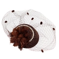 Brown fascinator hat with elegant feathers, pearls, and a polka dot mesh veil finish - Coffee