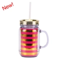 Pink and gold striped double-wall plastic mason jar with handle and straw - Striped Gold