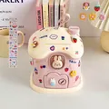 Pink and cream house-shaped piggy bank with cute cartoon rabbit stickers and handle - Pink Mushroom House (Stickers + Patches)