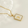 Gold square pendant necklace with letter R on mother of pearl and crystal borders - Gold-R