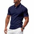 Close-up of navy blue polo shirt featuring red and white striped collar with three-button placket - Navy Blue