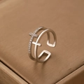Macro detail of silver double-layer cross ring featuring white zircon and polished finish - Silver Double Layer Cross (5287)