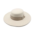 Classic cream wool felt boater hat with wide brim and khaki buckle belt accent - M (56-58cm) / Off White