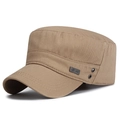 Adjustable men's khaki cotton military flat top cap with metal side logo and eyelets - 55-60cm (Adjustable) / Beige