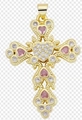Golden cross pendant with pink heart gems and white round zircons in vintage style - Style 99/Gold Pink Heart Clear Zircon Cross