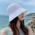 White hand-woven crochet sun hat for women featuring a minimalist summer beach style - M (56-58cm) / White