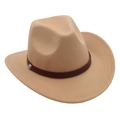 Detail of light brown wide brim wool felt cowboy hat with leather strap and silver stud - One Size / Camel