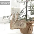 Sparkling gold sequin Christmas stocking with white faux fur trim and bow decoration - Gold Large Christmas Stocking