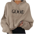 Beige oversized drawstring hoodie with black GOOD vibes print for men's casual streetwear - Camel