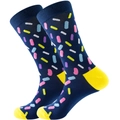 Close-up of navy knit socks with colorful sprinkles pattern and yellow toe highlights - Navy Candy