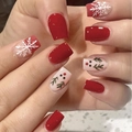 Christmas press-on nails featuring festive red, white snowflakes and cute reindeer designs - Reindeer Snowflake Style (Y-365) - Glue Type