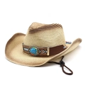 Western straw cowboy hat with turquoise bead band and adjustable chin strap - M(56-58cm) / Light Beige Ethnic Totem Style (3)