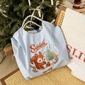 Detailed squirrel embroidery on a light blue nylon tote bag with woven cord handles - Light Blue Squirrel (Without Shoulder Strap)