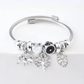 Silver beaded bracelet featuring elephant and heart charms with engraved valentine message - C2-003 Black