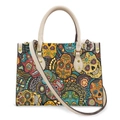 Women's tote bag featuring sugar skull prints with white leather handles and gold studs - All-Over Sugar Skull Floral - Off-White Strap