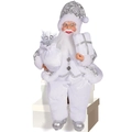 12-inch zittende kerstmanpop in elegante wit- en zilverafwerking voor kerstmis - Zittende Kerstman Wit en Zilver Stijl