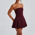Elegant strapless deep red mini dress with pleated hem for women formal party wear - S / Burgundy