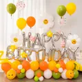 Silver Happy Birthday foil balloons with colorful latex balloons and daisy flower decor - Daisy Theme Birthday Set