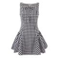 Detail of black and white plaid sleeveless dress with a bow neckline and pleated hem - S / Black and White Plaid