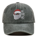Detailed close-up of Santa Claus and HO HO HO embroidery on distressed washed baseball cap - Army Green