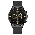 YOLAKO men's black stainless steel mesh watch with gold markers and calendar - Black Dial Black Strap Gold Hands