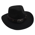 Detail of western cowboy hat with silver bull head buckle and leather band embellishment - One Size / Black