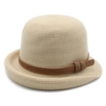 Beige woven sun hat with a brown leather belt and vintage metal rivets on white background - M(56-58cm) / Beige